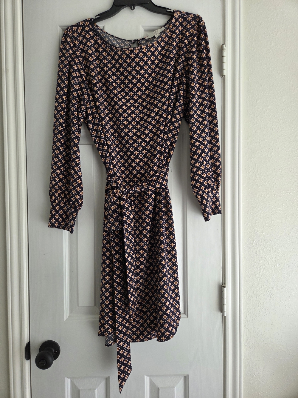 LOFT Navy and Peach Geometric Tie-Waist Long-Sleeve Dress